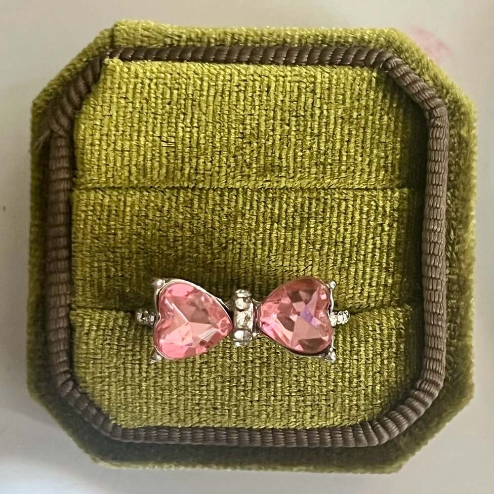 Jeulia Pink Bow 2 Heart Promise Open Ring Silver Size 7
